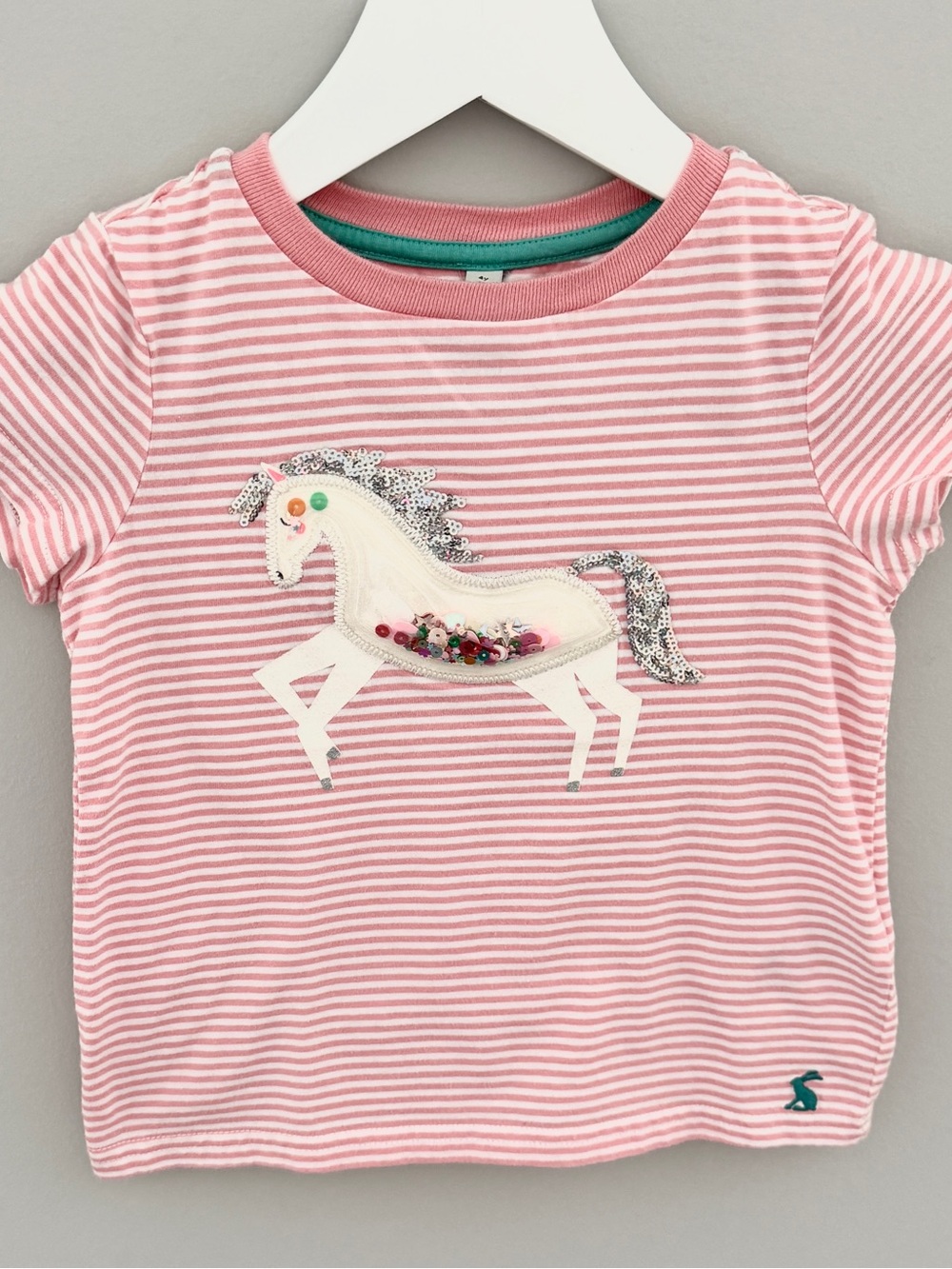 Joules Pink & White Striped Unicorn Appliqué Short Sleeve Tee - 4Y